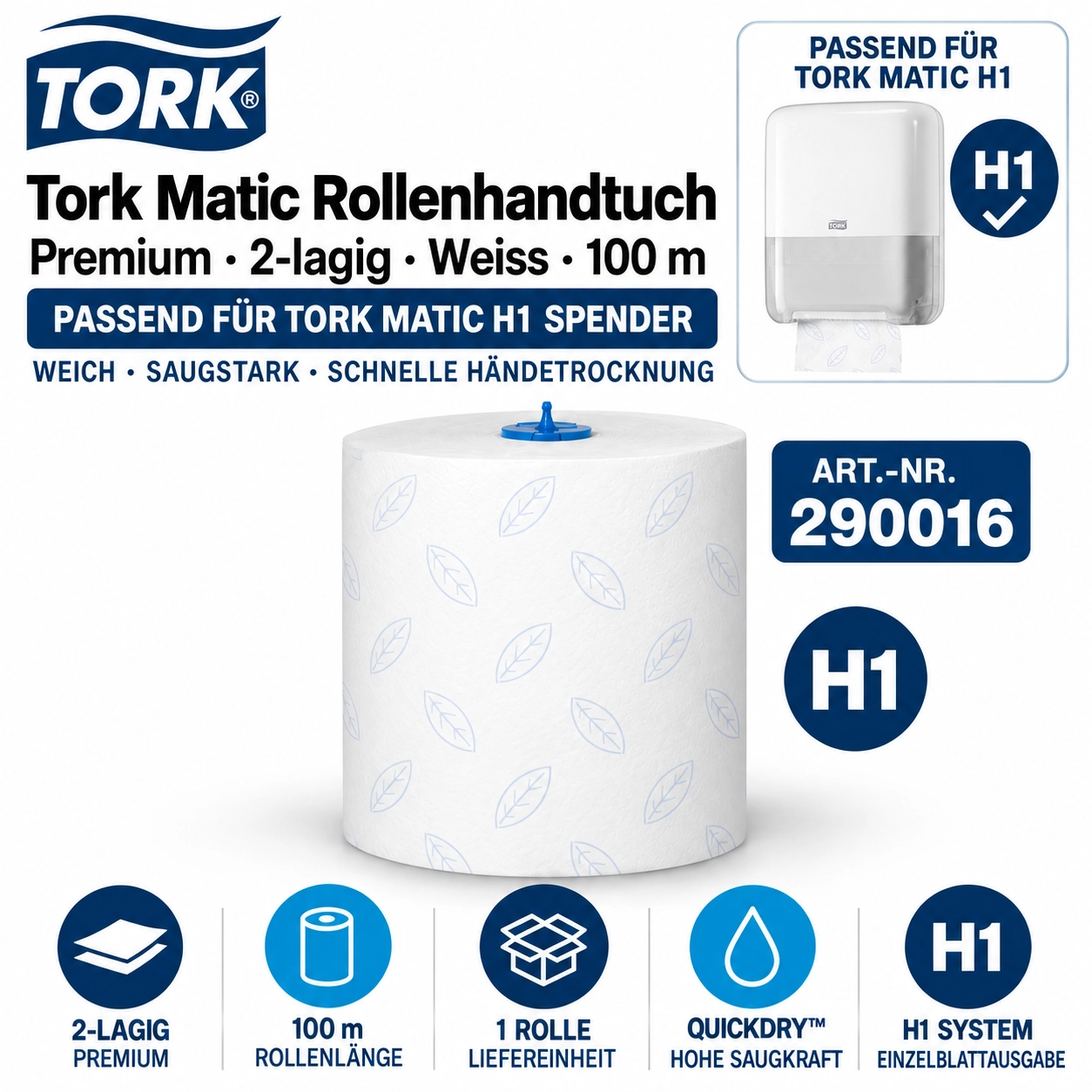 Tork 290016 Matic Premium-Handtuchrolle H1 weiss, 2-lagig, 100 m – Einzelrolle