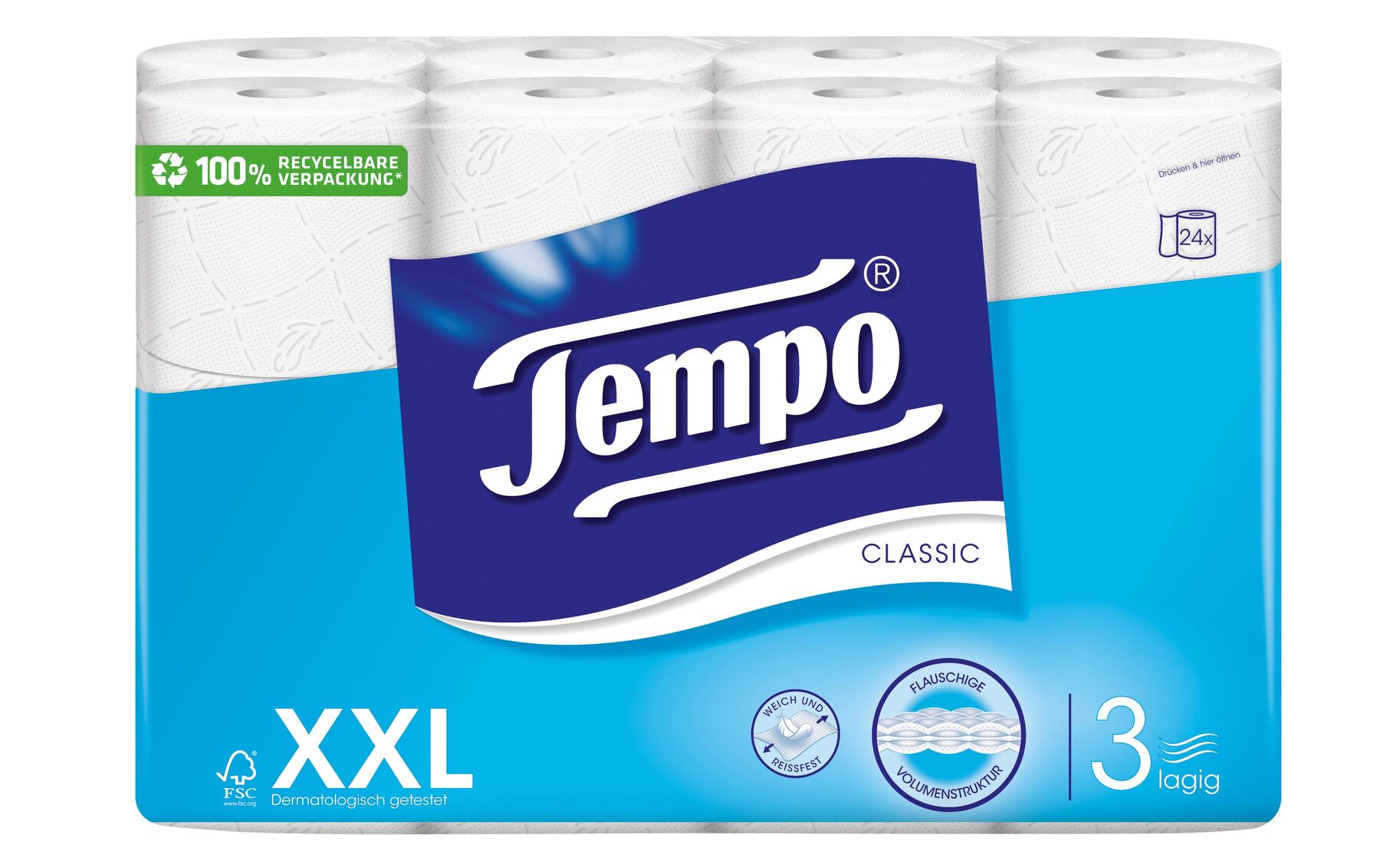 24 x TEMPO Toilettenpapier 3-lagig XXL, Weiss