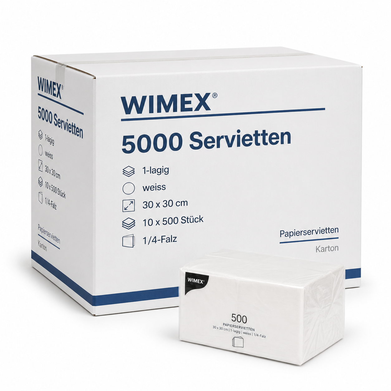 5000 Servietten 1-lagig weiss 30 × 30 cm – Karton à 10 × 500 Stück