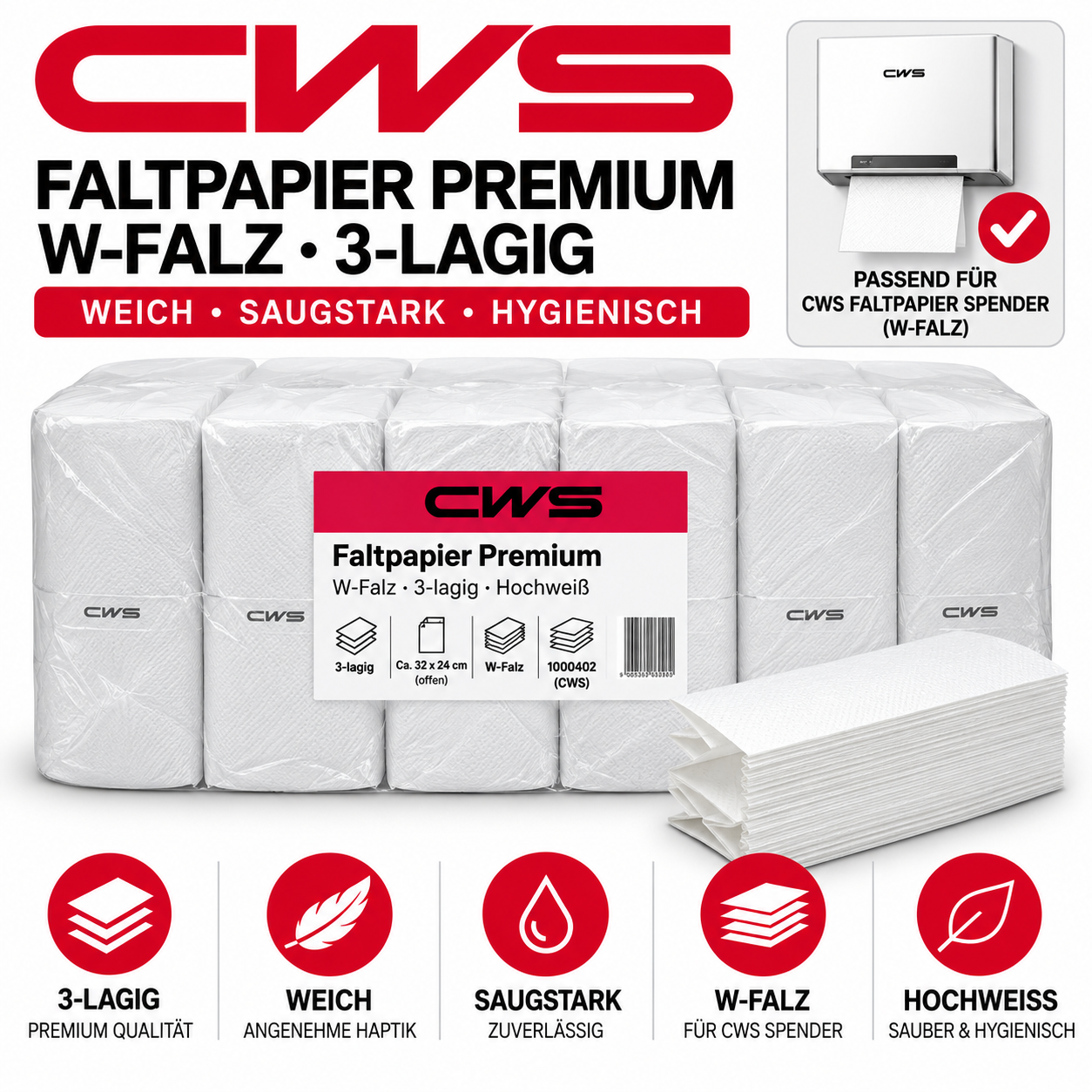 CWS Faltpapier Premium W-Falz / M-Falz 3-lagig hochweiss – Karton à 2’500 Blatt