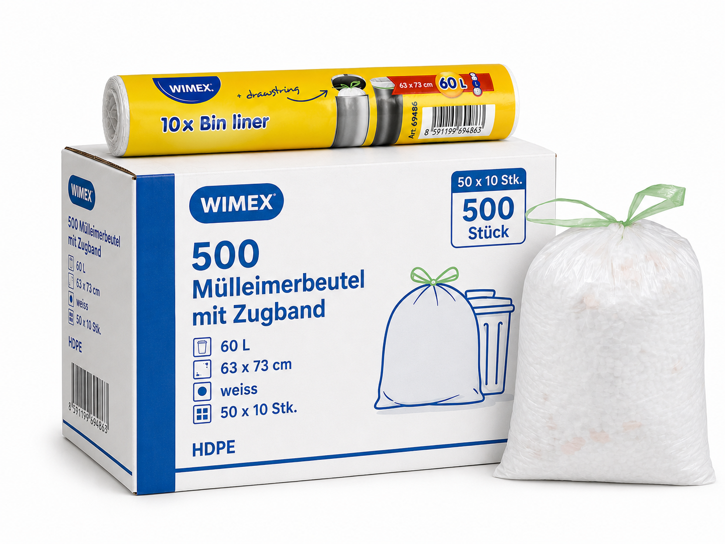 800 Mülleimerbeutel mit Zugband 18 L weiss HDPE – Karton à 40 Rollen