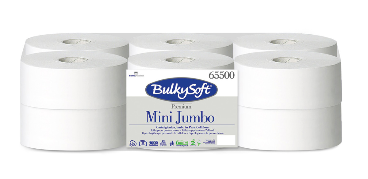Toilettenpapier Premium Bulkysoft Mini Jumbo, weiss, 2-lagig, Microprägung 90mm x 145m, Karton à 12 Rollen