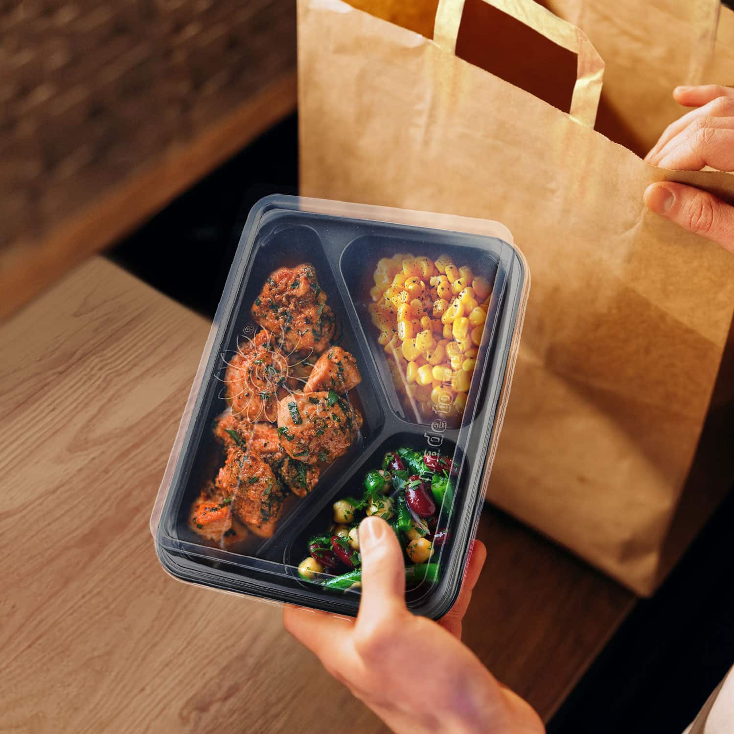 Menüschale (PP) Reware Lunch wiederverwendbar 3-geteilt schwarz 227 x 178 x 49 mm - 20 Stück