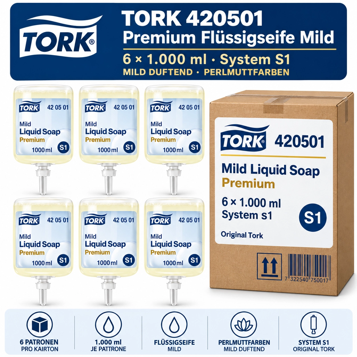 Tork 420501 S1 Flüssigseife mild – Karton à 6 Patronen