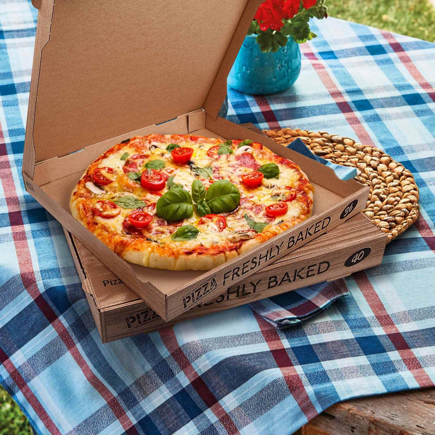 100x Pizzakarton 40 x 40 x 5 cm H4 kraft bedruckt aus Mikrowellpappe