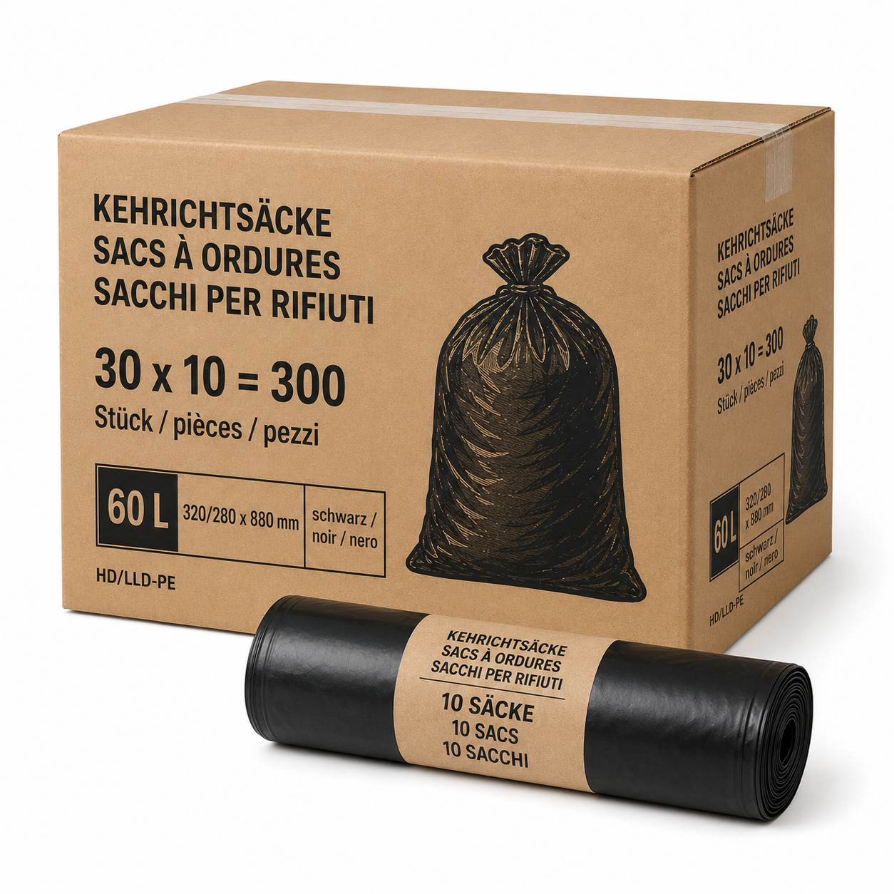 300 Kehrichtsäcke 60 L schwarz Recycling-LDPE – Umkarton à 30 Rollen