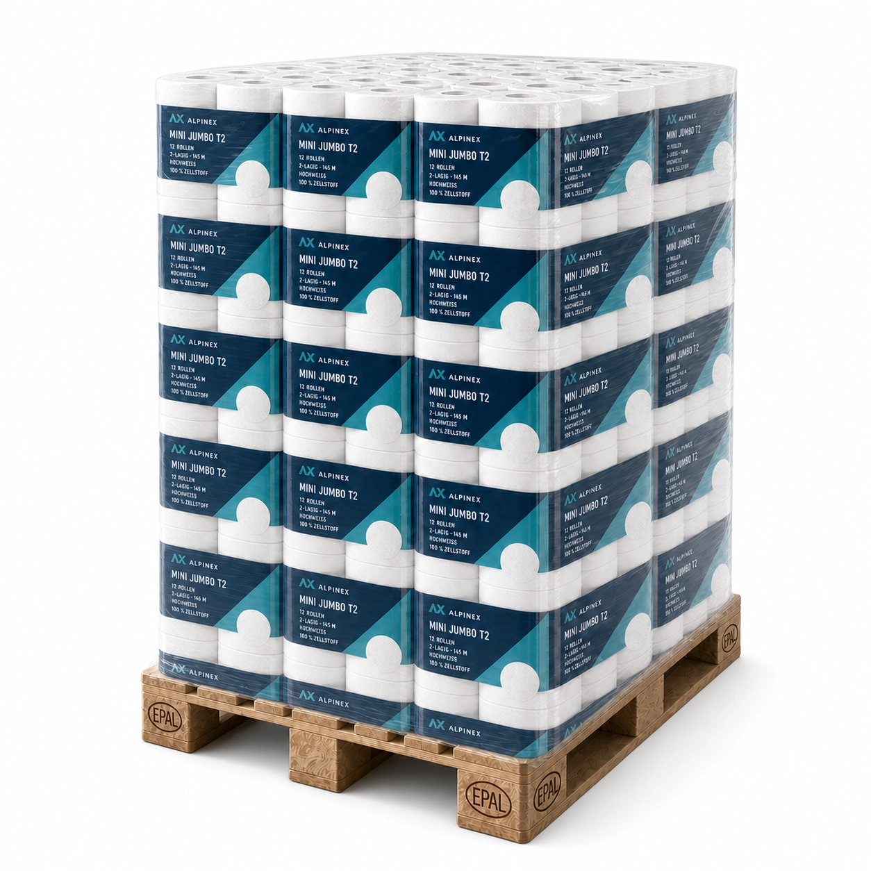 Alpinex Mini Jumbo Toilettenpapier 145 m, 2-lagig – Palette 528 Rollen