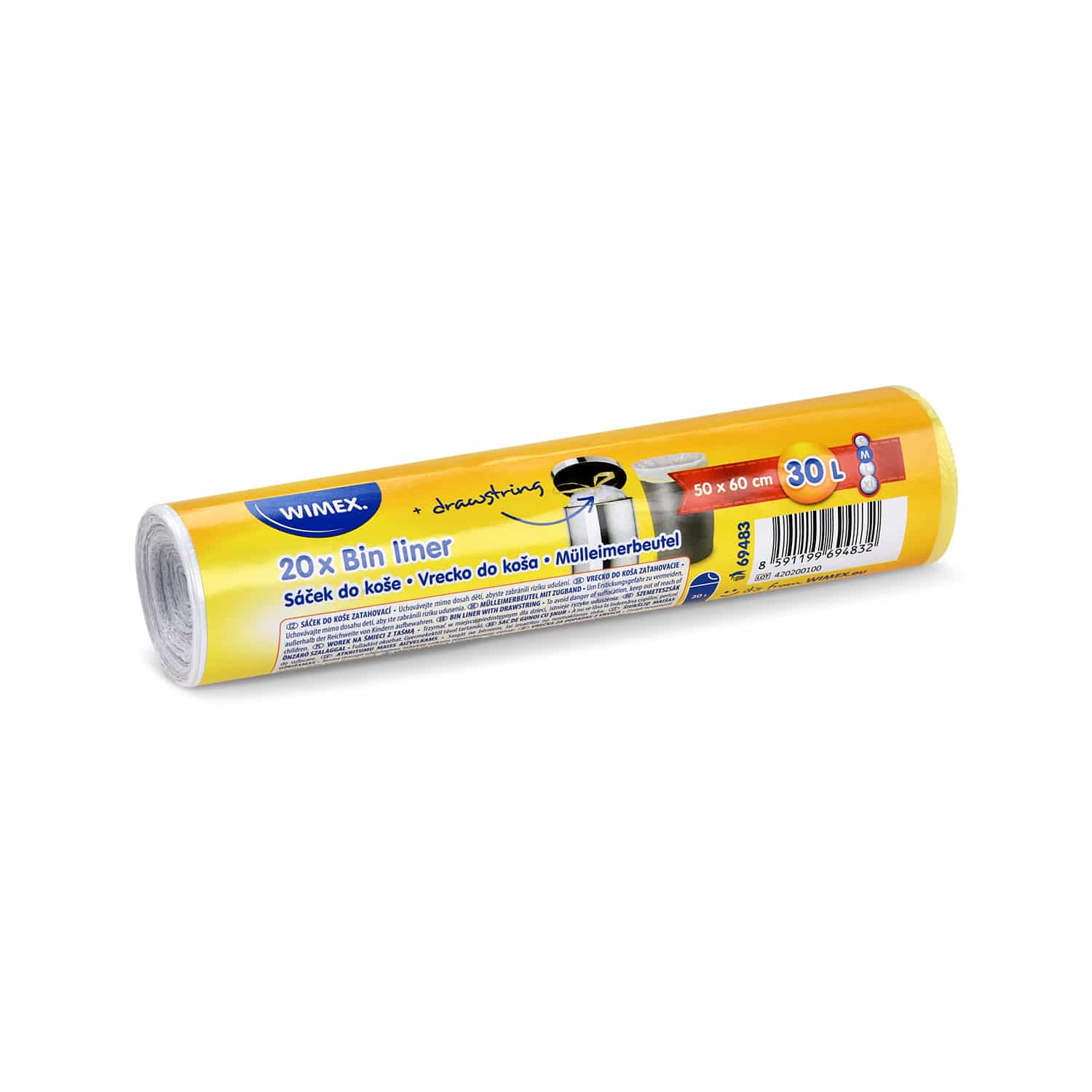 Mülleimerbeutel HDPE mit Zugband weiss 50 x 60 cm 30 L, Packung mit 20 Stück