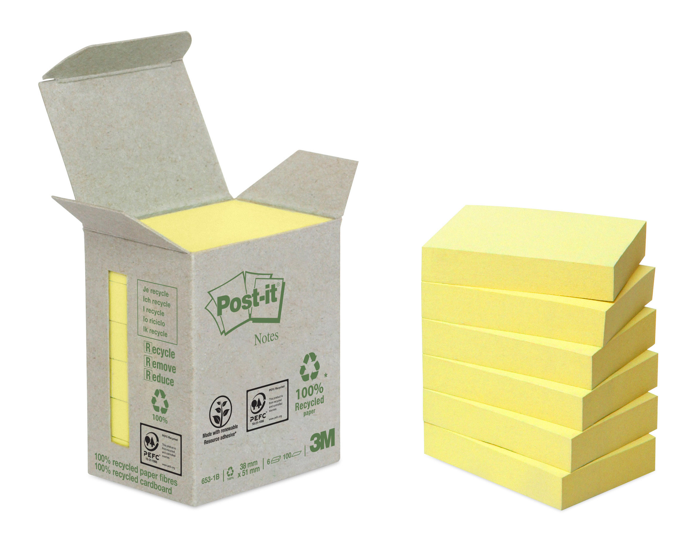 Haftnotizen Recycling 38x51mm gelb 6x100 Blatt POST-IT 653-1B