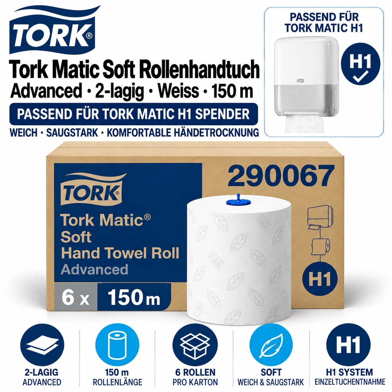 6x TORK 290067 Rollhandtuch Advanced H1 - 1 Karton