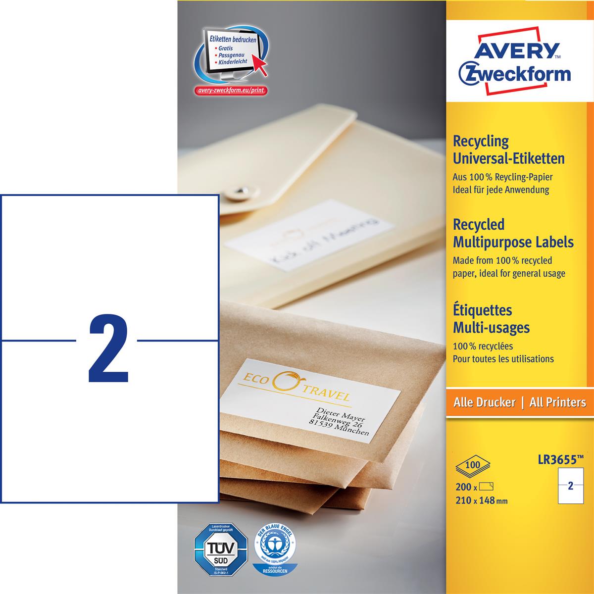 Etiketten 210x148mm recycling 200 Stück AVERY ZW. LR3655