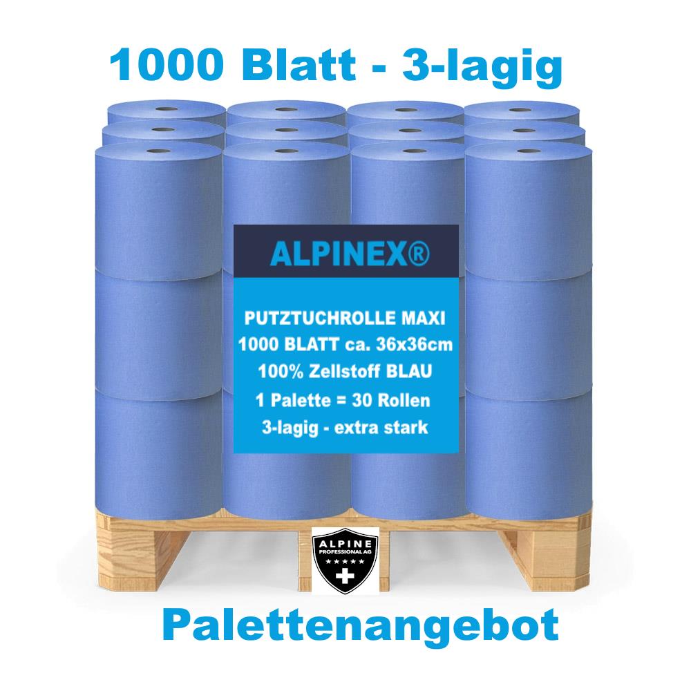 Palette 1000 Blatt Putztuchrolle Blau 3-lagig 36x36 cm 30 Stück