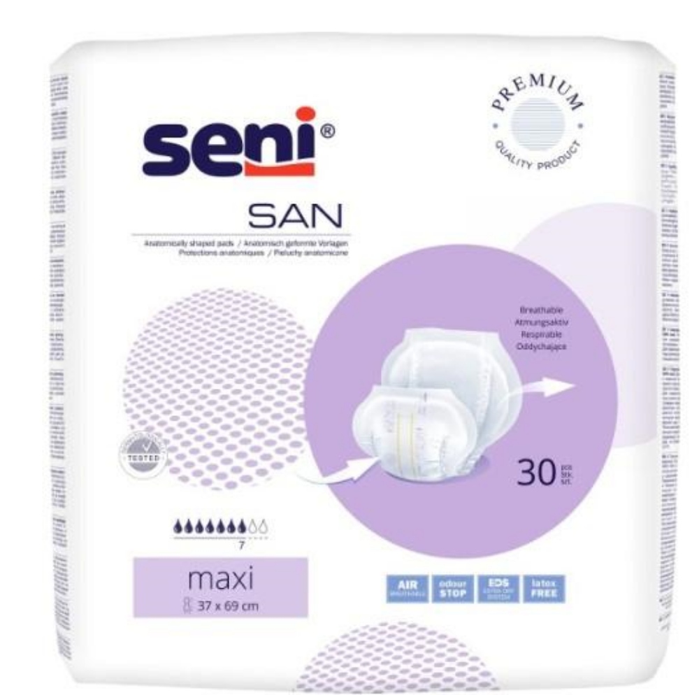 Seni San Maxi atmungsaktive anatomisch geformte Vorlagen für mittlere bis schwere 30 Stück