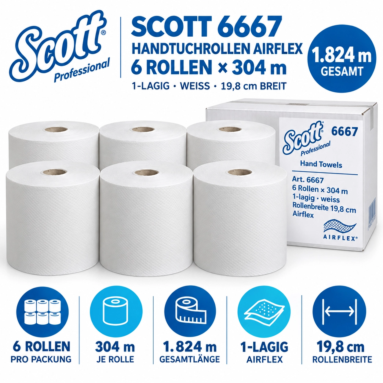 Handtuchrolle Kimberly-Clark Scott® 6667 1-lagig - Pack à 6 Rollen