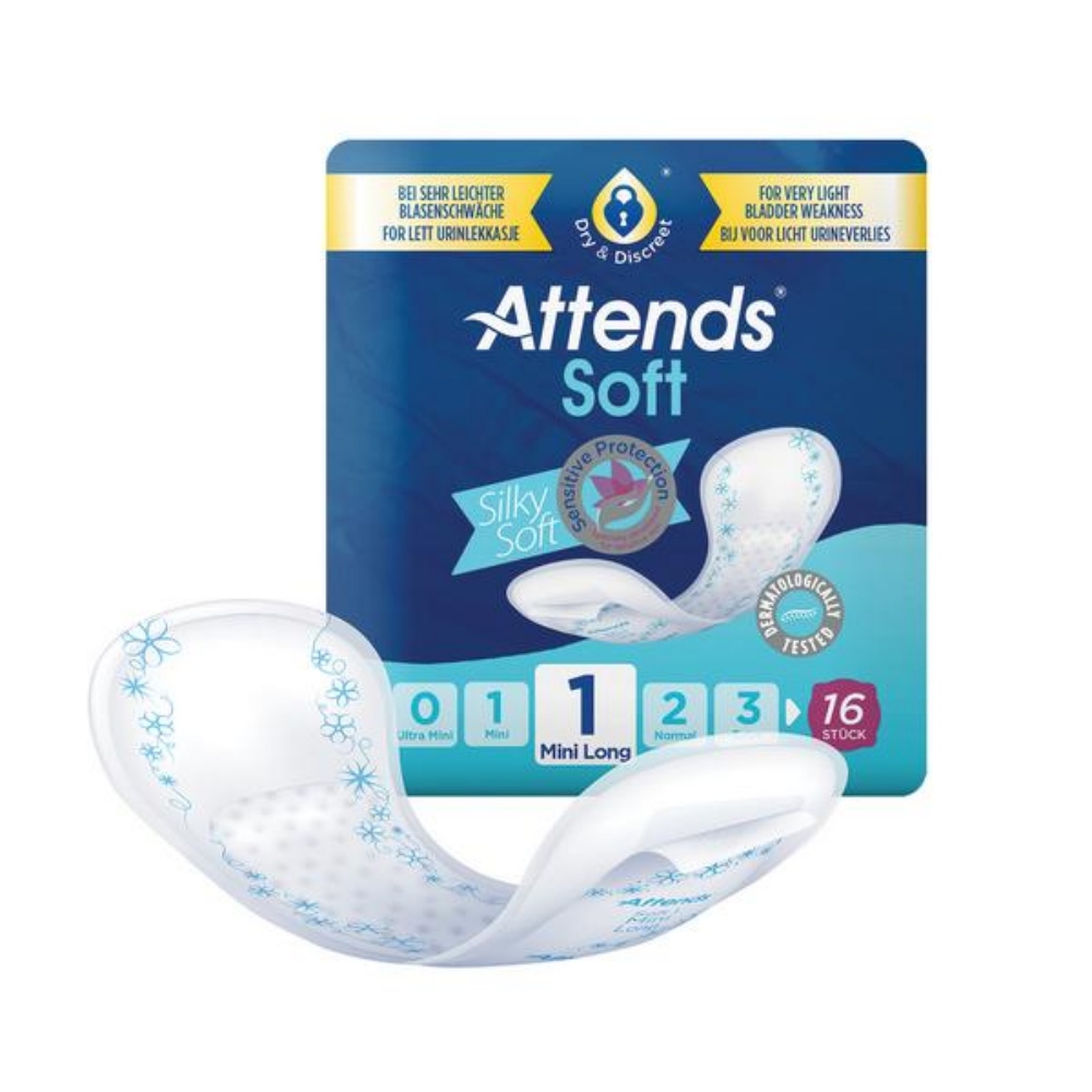 ATTENDS Soft Hygiene-Einlagen atmungsaktiv, mit Klebestreifen, 1 Mini Long, bei leichter Inkontinenz 16 Stück