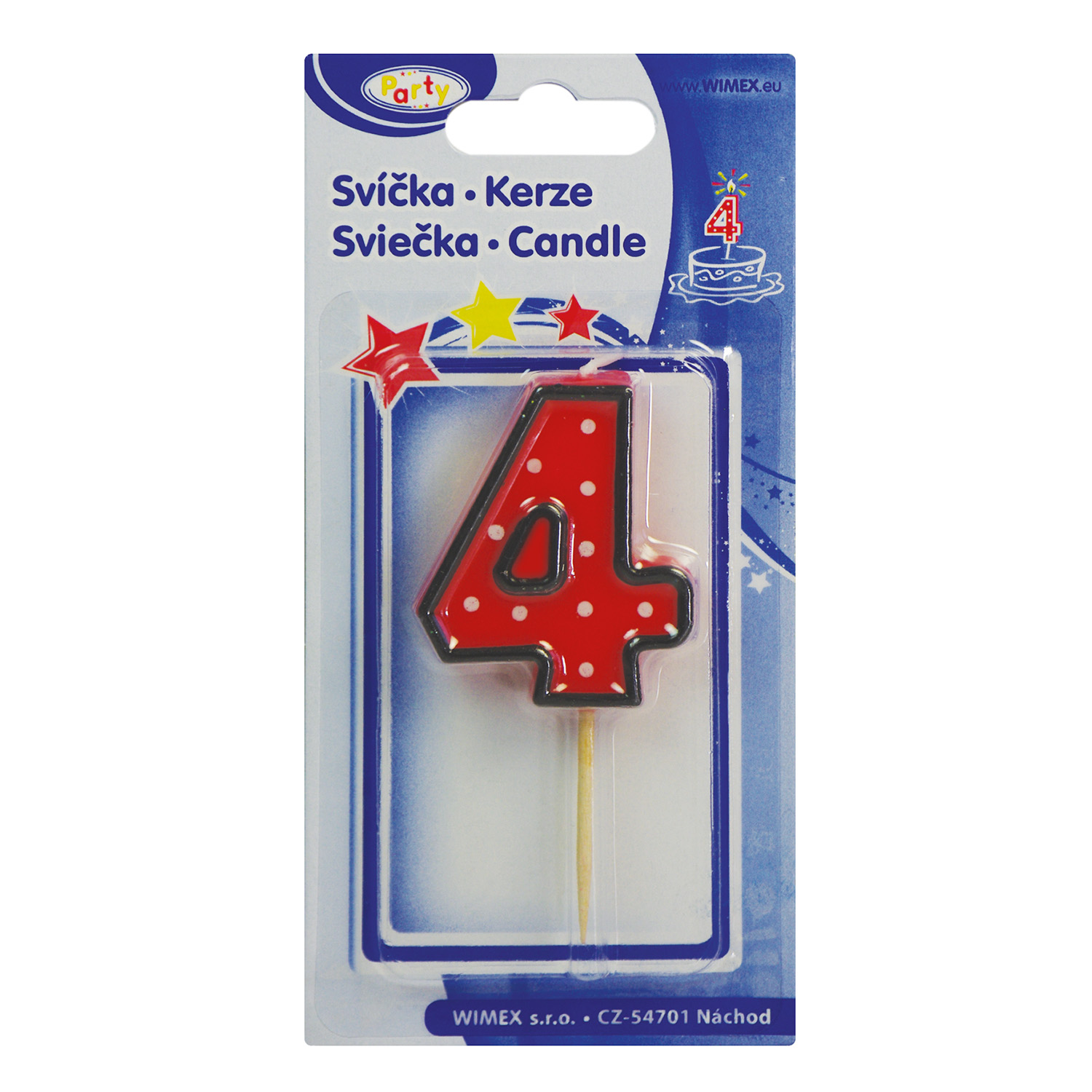 Zahlenkerze Nr. 4 auf Holzpicker für Kuchen und Torten, 50 mm, Packung mit 1 Stück