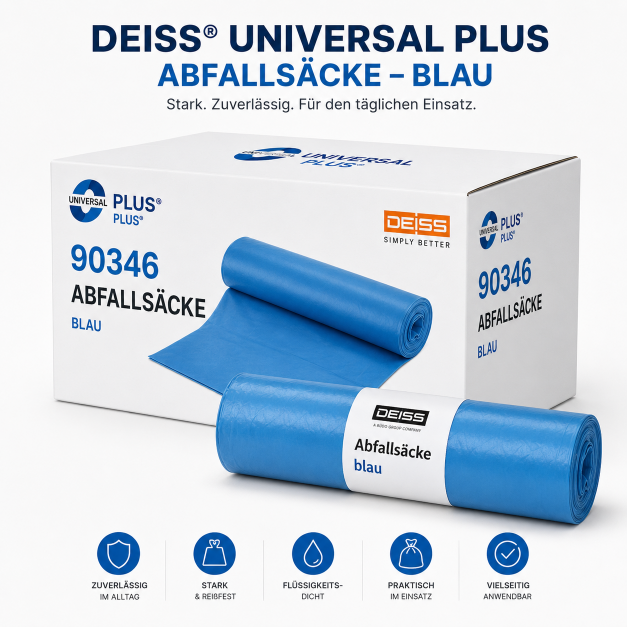 100 DEISS STANDARD Kehrichtsäcke blau 240 Liter, 650 + 500 × 1400 mm, 53 µm