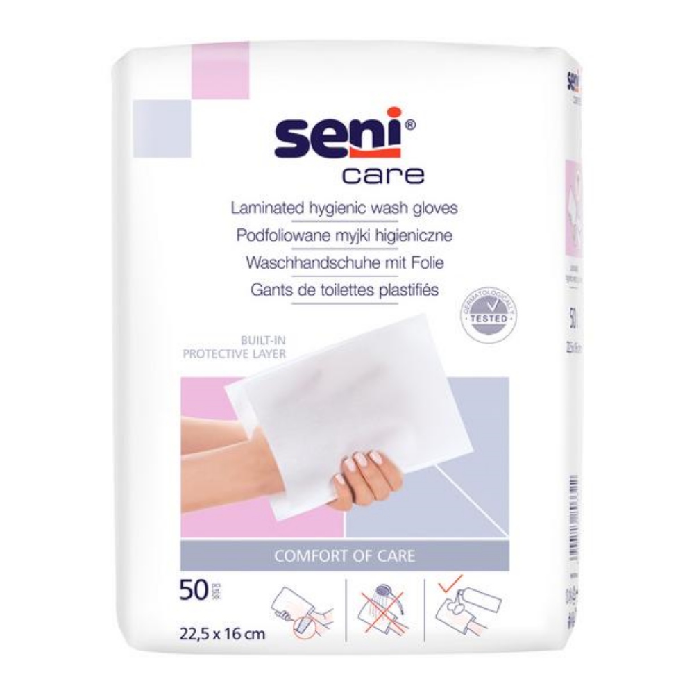 Seni Care Waschhandschuhe foliert, zum einmaligen Gebrauch, 16,5 × 23,5 cm 50 Stück