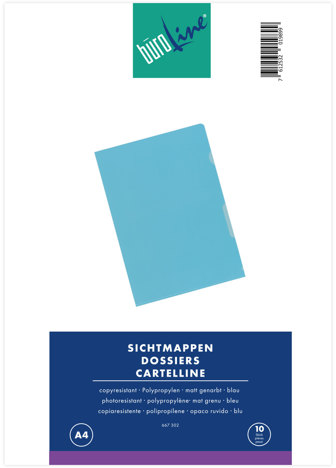 Sichtmappen PP A4 blau, matt 10 Stück BÜROLINE 667302
