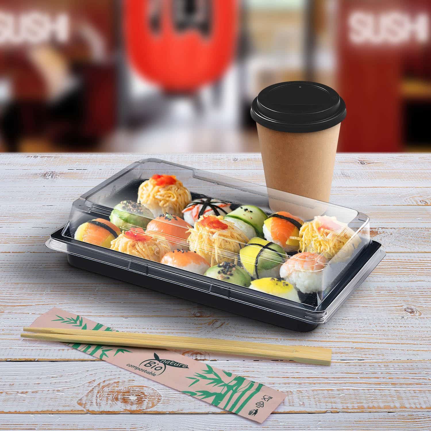Sushi-Schale (PET) schwarz 185 x 127 x 20 mm + Deckel - 400 Stück