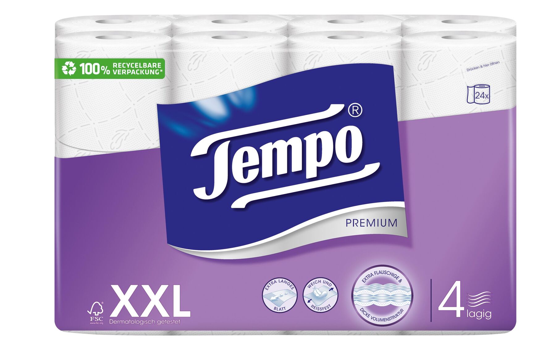 24 x TEMPO Toilettenpapier 4-lagig XXL, Weiss