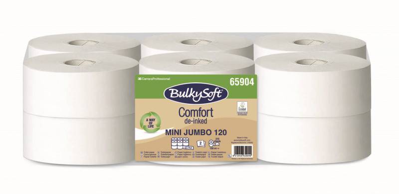 Toilettenpapier Mini Jumbo Bulkysoft, 2-lagig weiss, Recycling, 315cps, 9x38cm,119,7m, Sack à 12 Rollen