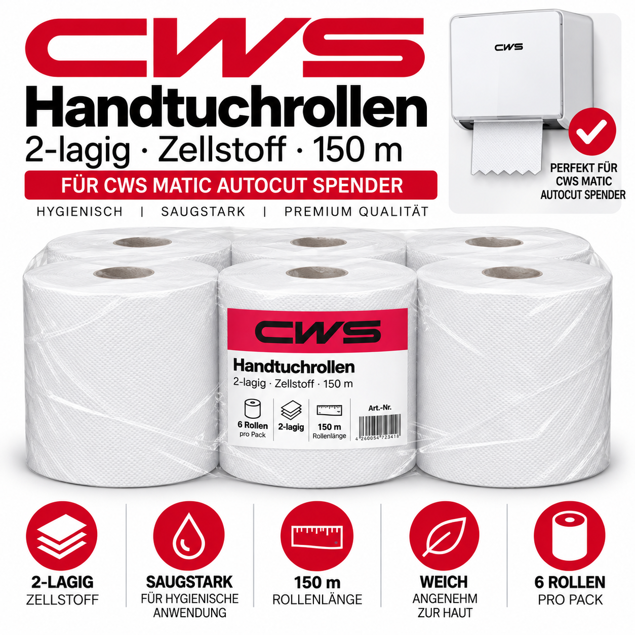 CWS Rollenpapier 2-lagig Zellstoff 150m (ehem. 1681217) - Pack à 6 Rollen