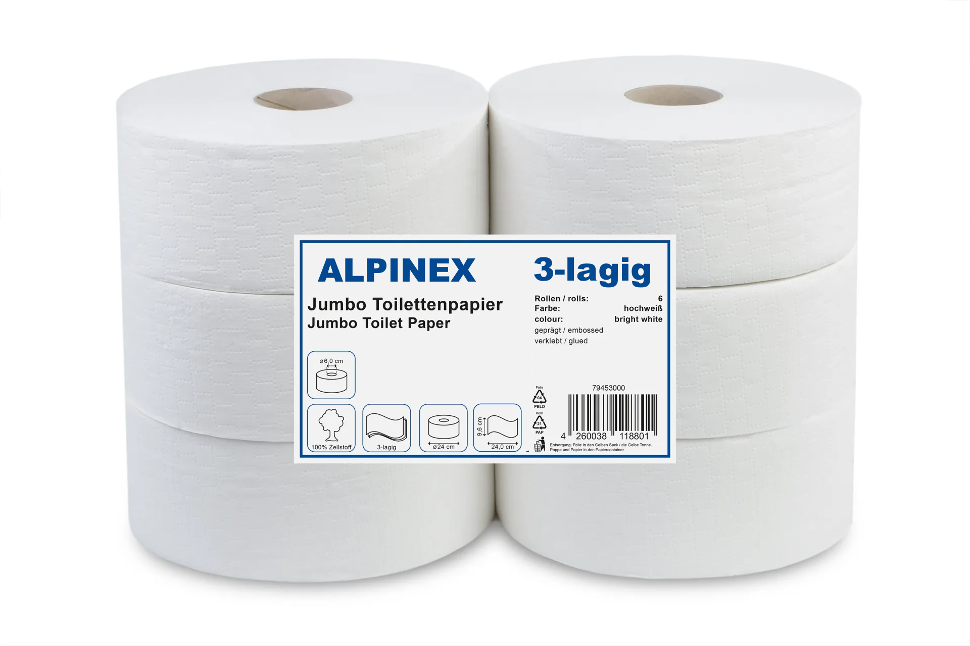 Jumbo-Toilettenpapier, 3-lagig, Zellstoff weiss, Ø24 cm 100% Zellstoff
