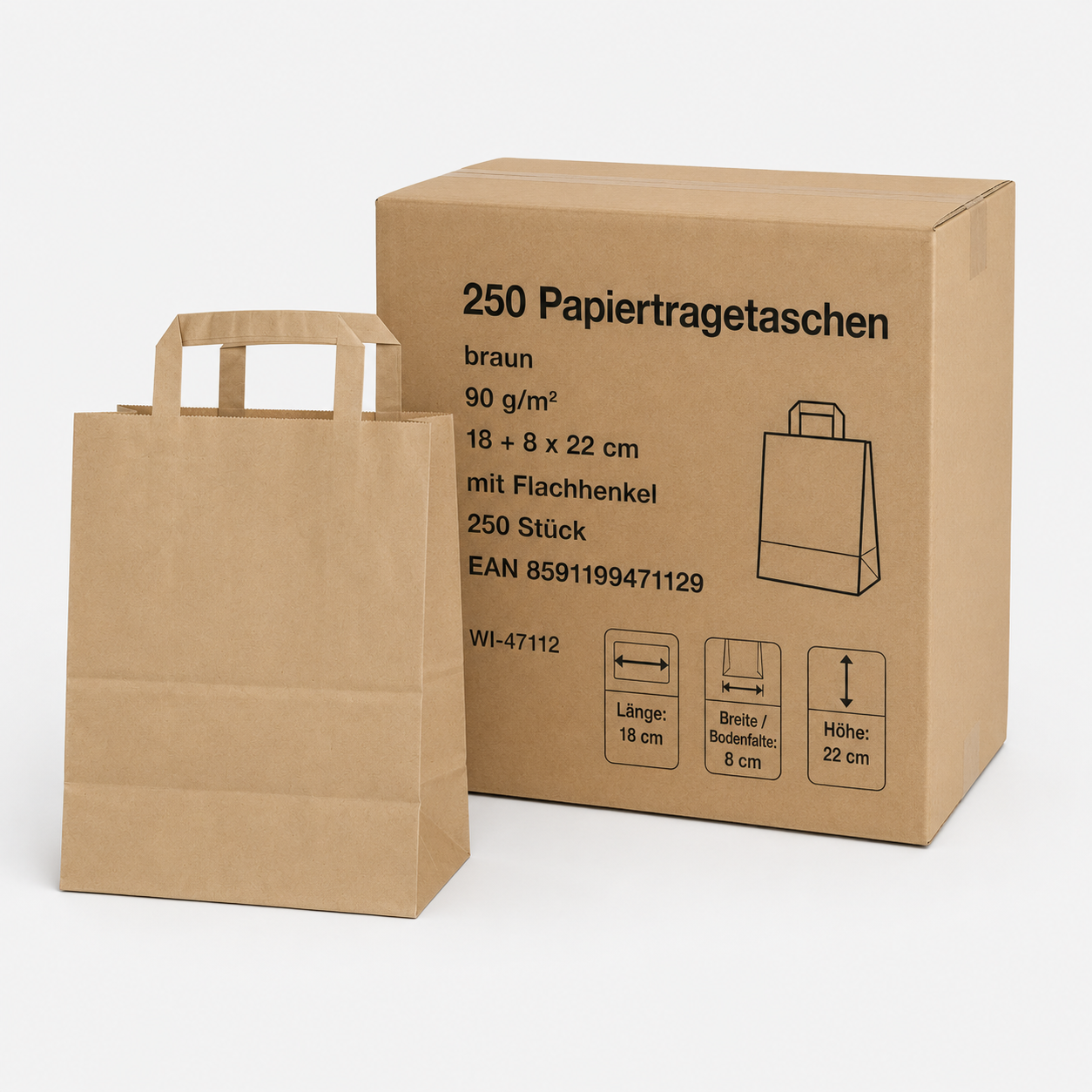 Papiertragetasche braun 18+8 x 22 cm - 250 Stück