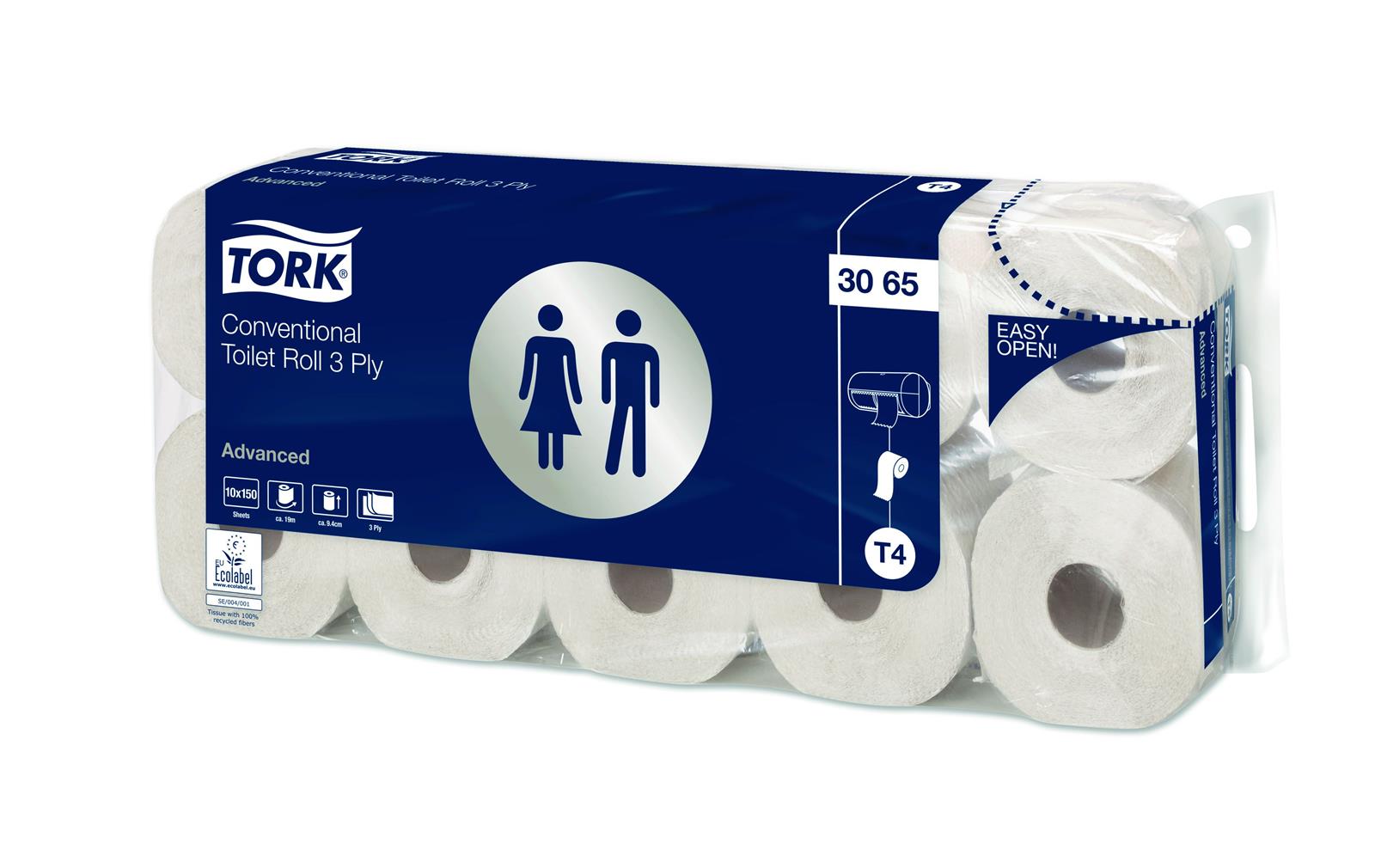 TORK 3065 weiches Kleinrollen Toilettenpapier Premium – 3-lagig Weiß - T4 (Ersatz 110792) 10 Rollen pro Pack