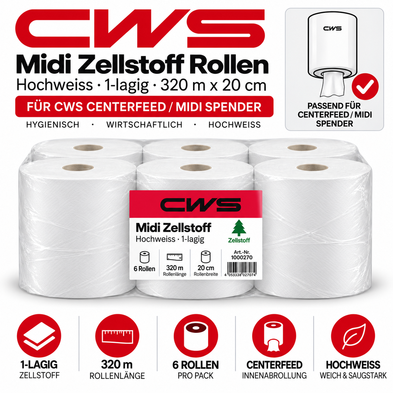 CWS Midi Zellstoff, hochweiss, 1-lagig 320mx20cm