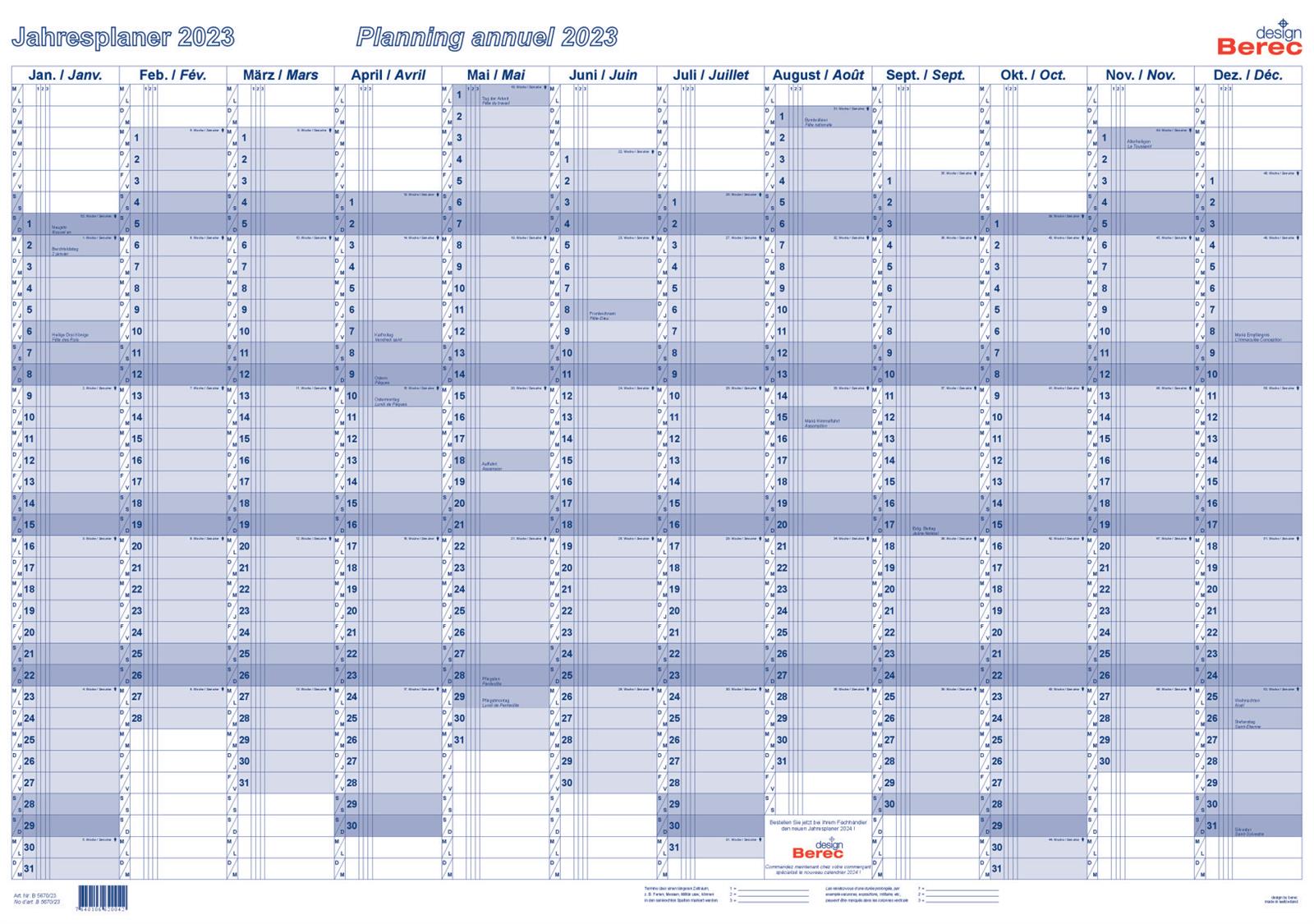 Jahresplan quer 2023 blau 90x60cm BEREC B5670/23