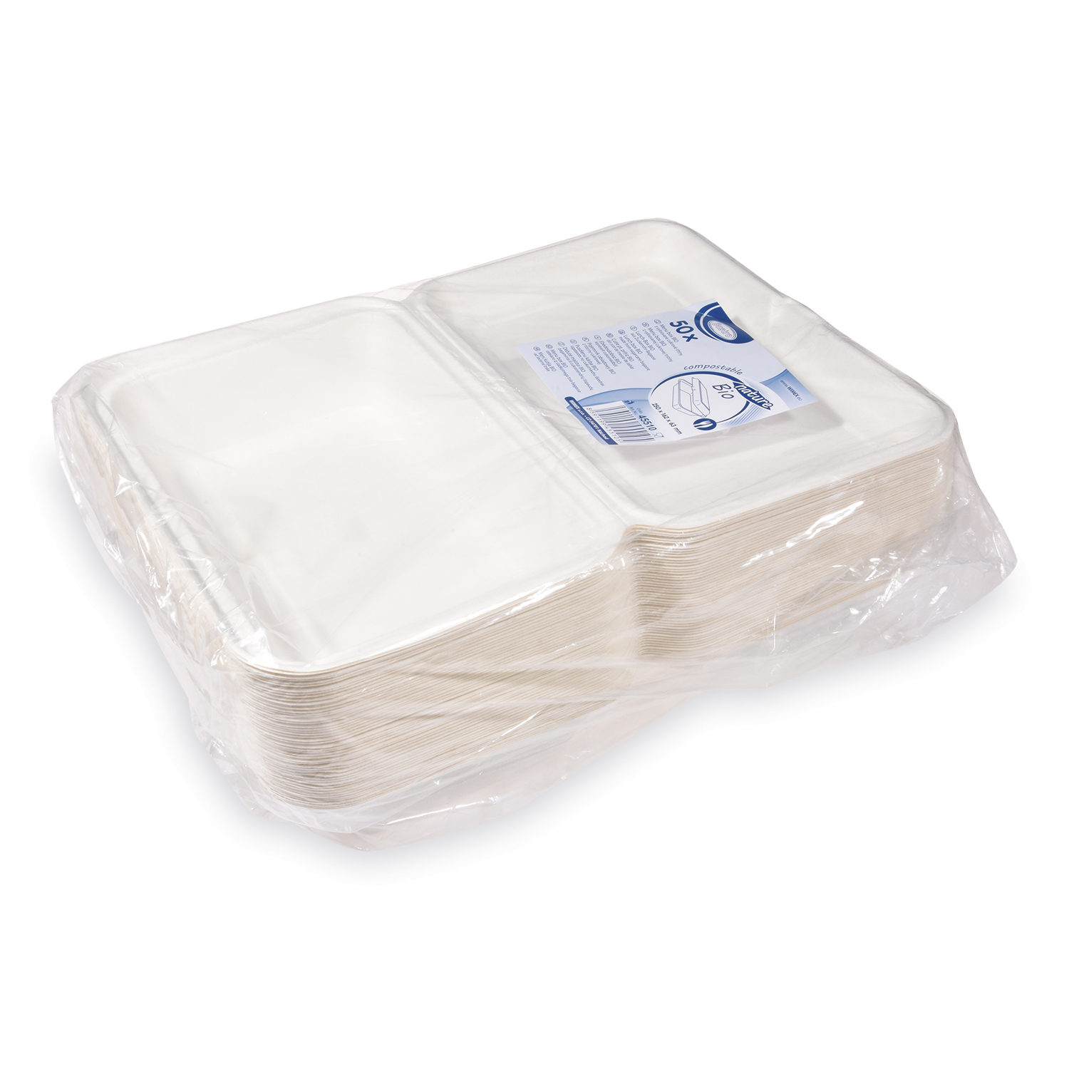 Lunch-Box aus Zuckerrohr-Bagasse, ungeteilt, 1100 ml, 250 x 162 x 63 mm, Packung mit 50 Stück