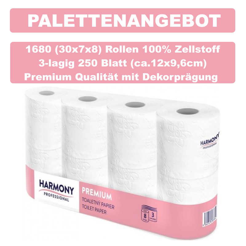 1680 Rollen Toilettenpapier Harmony 3-lagig 250 Blatt Zellstoff Palettenaktion