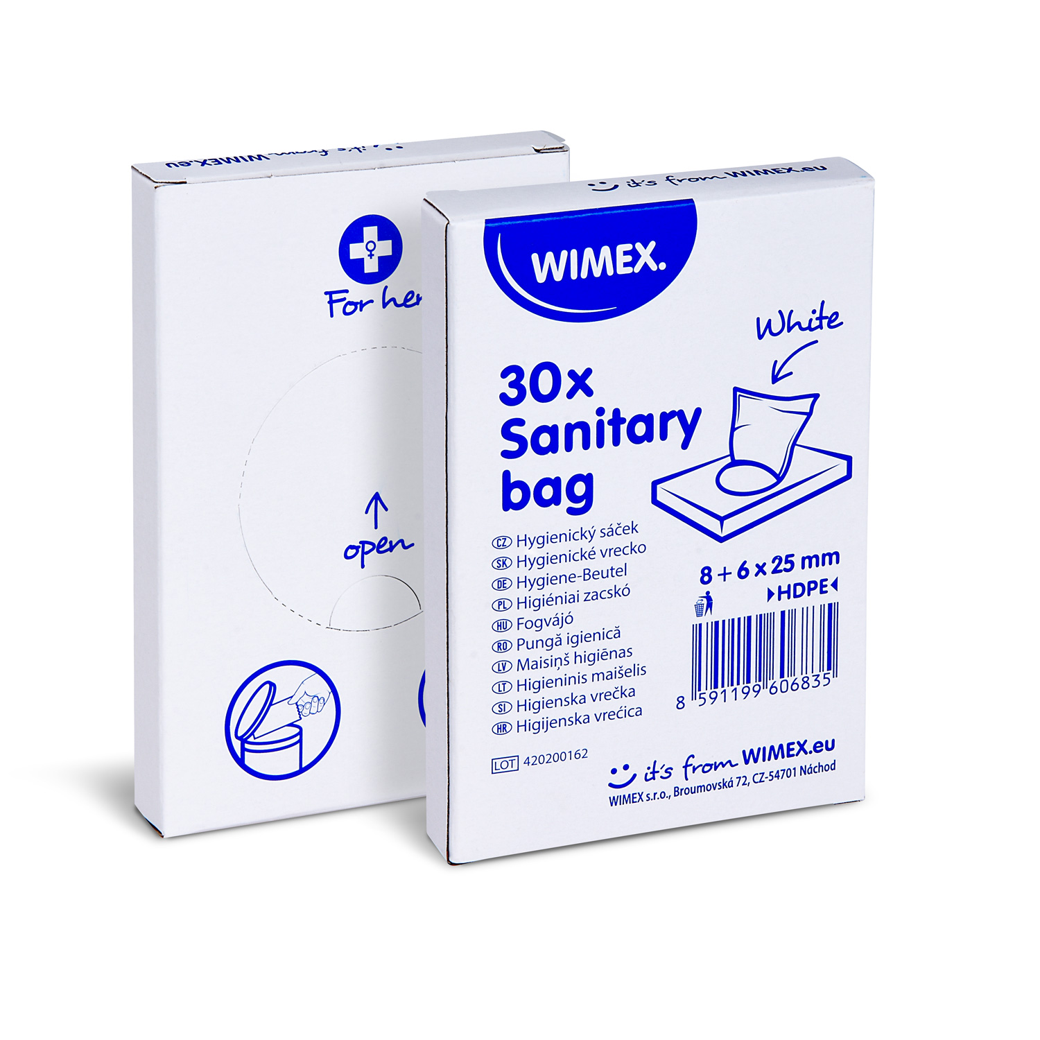 Hygiene-Beutel (HDPE) weiß 8+6 x 25 cm - 30 Stück