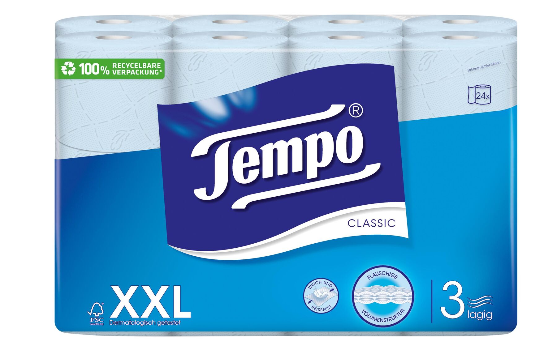 24 x TEMPO Toilettenpapier 3-lagig XXL, Blau
