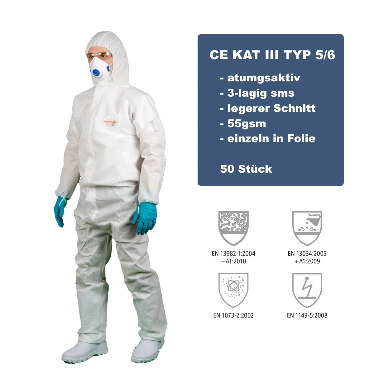 50 Schutzoveralls CE Kat III Typ 5&6 weiss Gr. S
