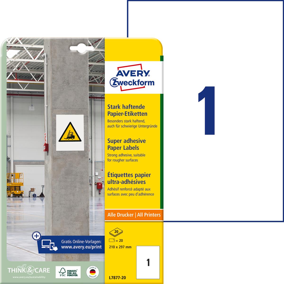 Etiketten Universal 210x297mm 20 Blatt AVERY ZW. L7877-20