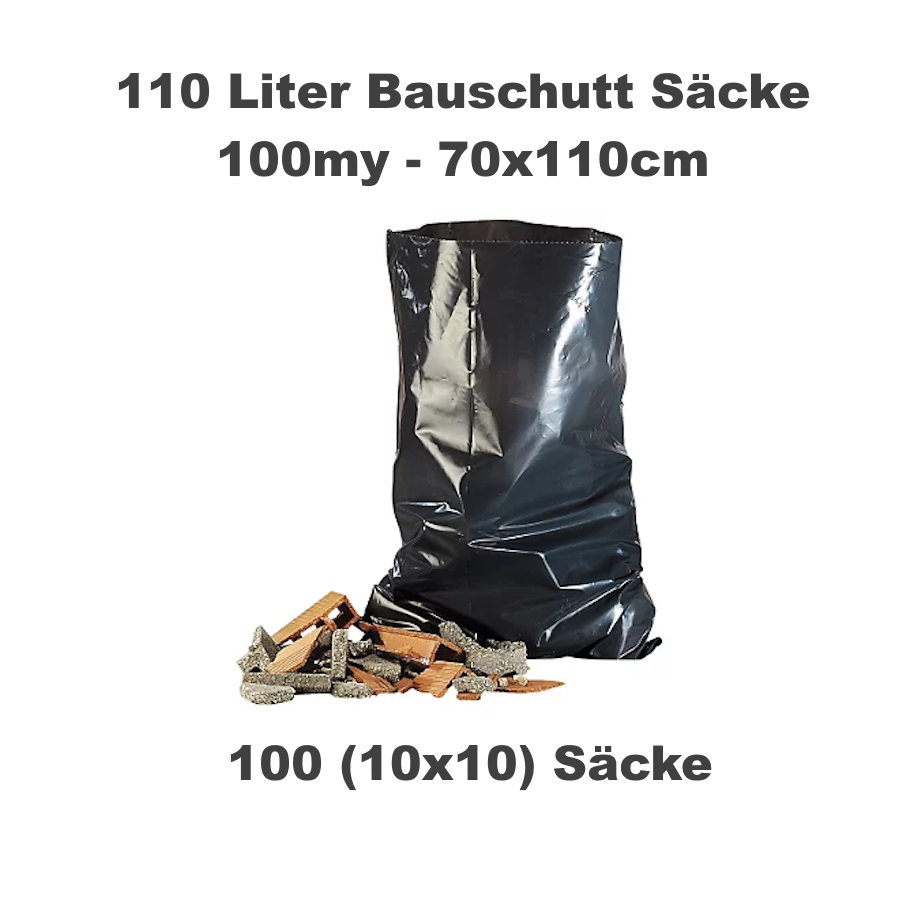 100x Bauschuttsack (LDPE) 100µm schwarz 70 x 110 cm 110L  - 10x10 Stück