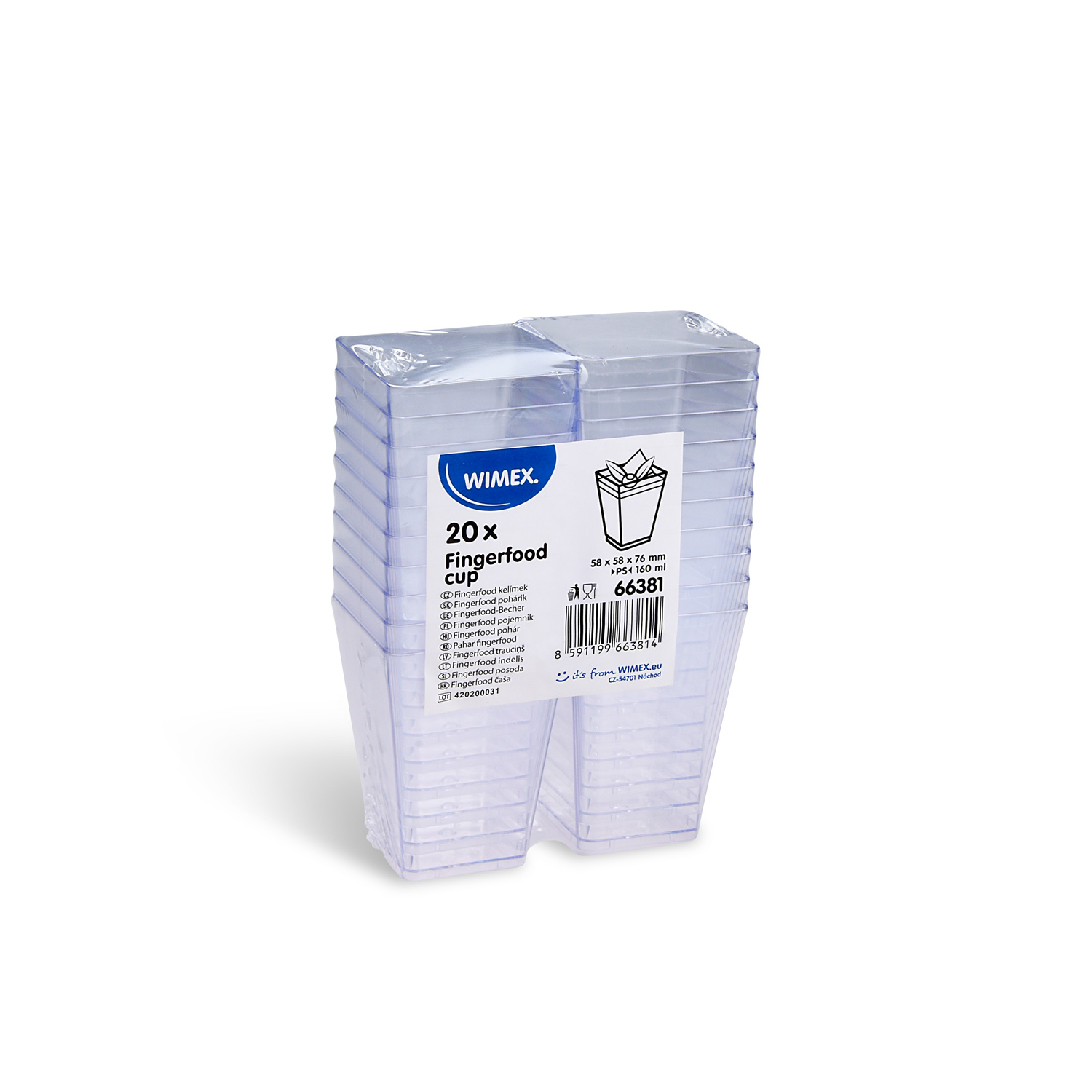 Fingerfood-Becher PS glasklar eckig 160 ml für Buffet und Take-away, Packung mit 20 Stück