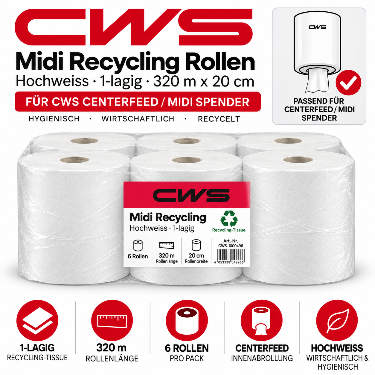 CWS Midi Recycling, hochweiss, 1-lagig 320mx20cm
