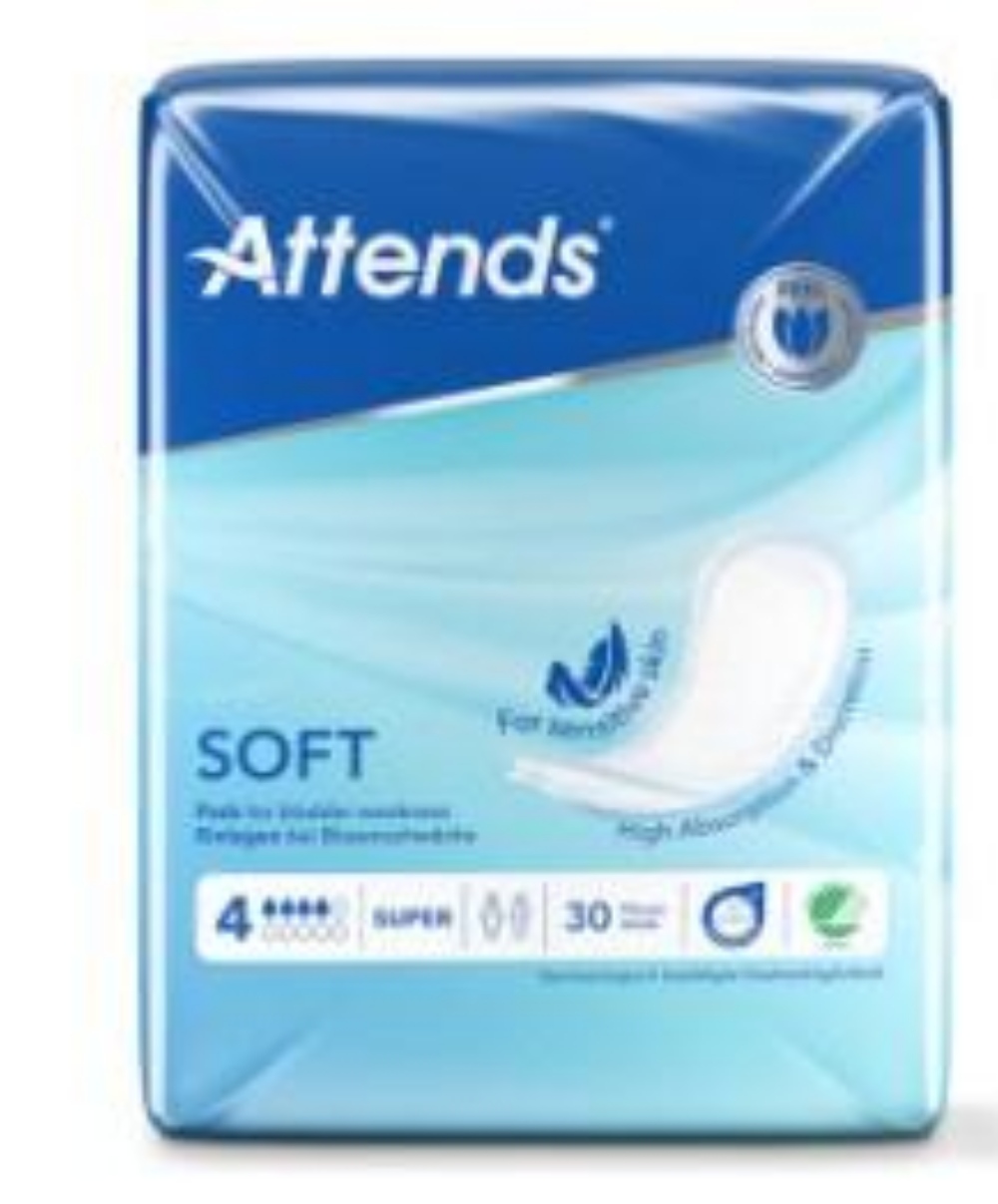 ATTENDS Soft Hygiene-Einlagen atmungsaktiv, mit Klebestreifen, 4 Super, bei leichter bis starker 30 Stück