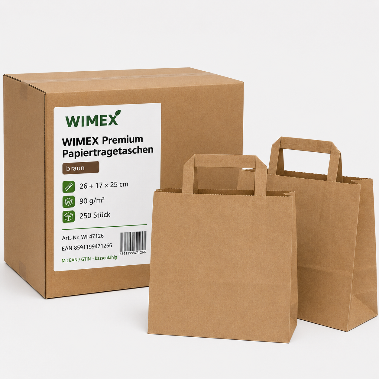 250 WIMEX Premium Papiertragetaschen braun 26 + 17 × 25 cm, 90 g/m²