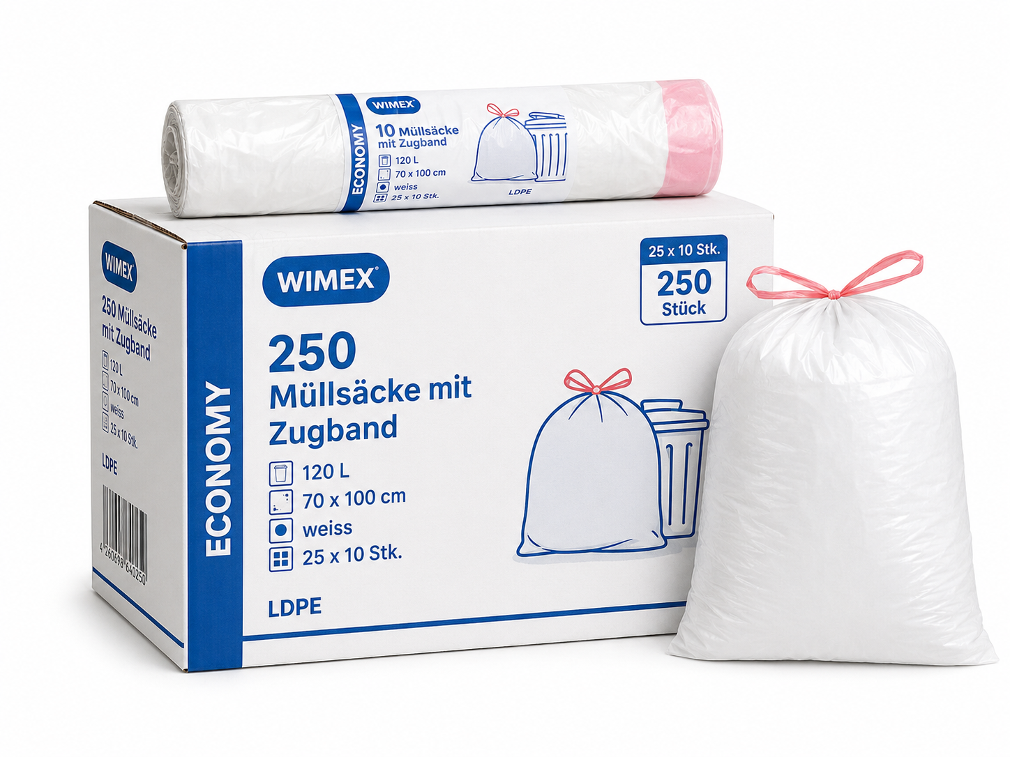 250 Müllsäcke mit Zugband 120 L weiss LDPE ECONOMY – Karton à 25 Rollen