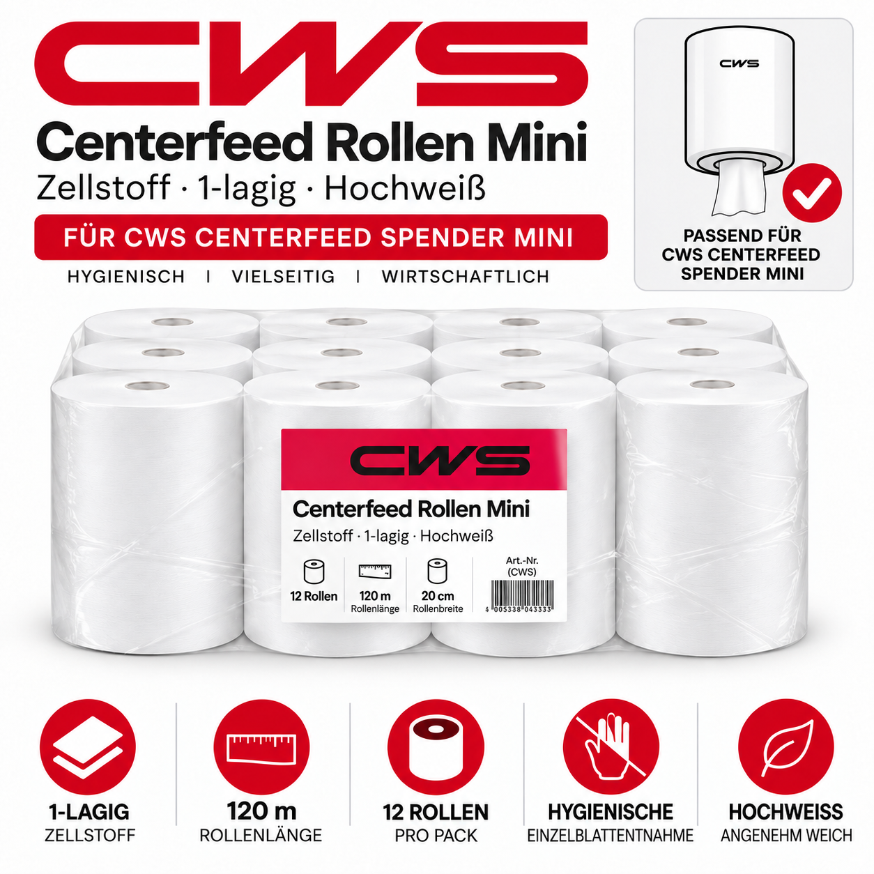 CWS Mini Zellstoff, hochweiss, 1-lagig 120mx20cm - Pack à 12 Rollen