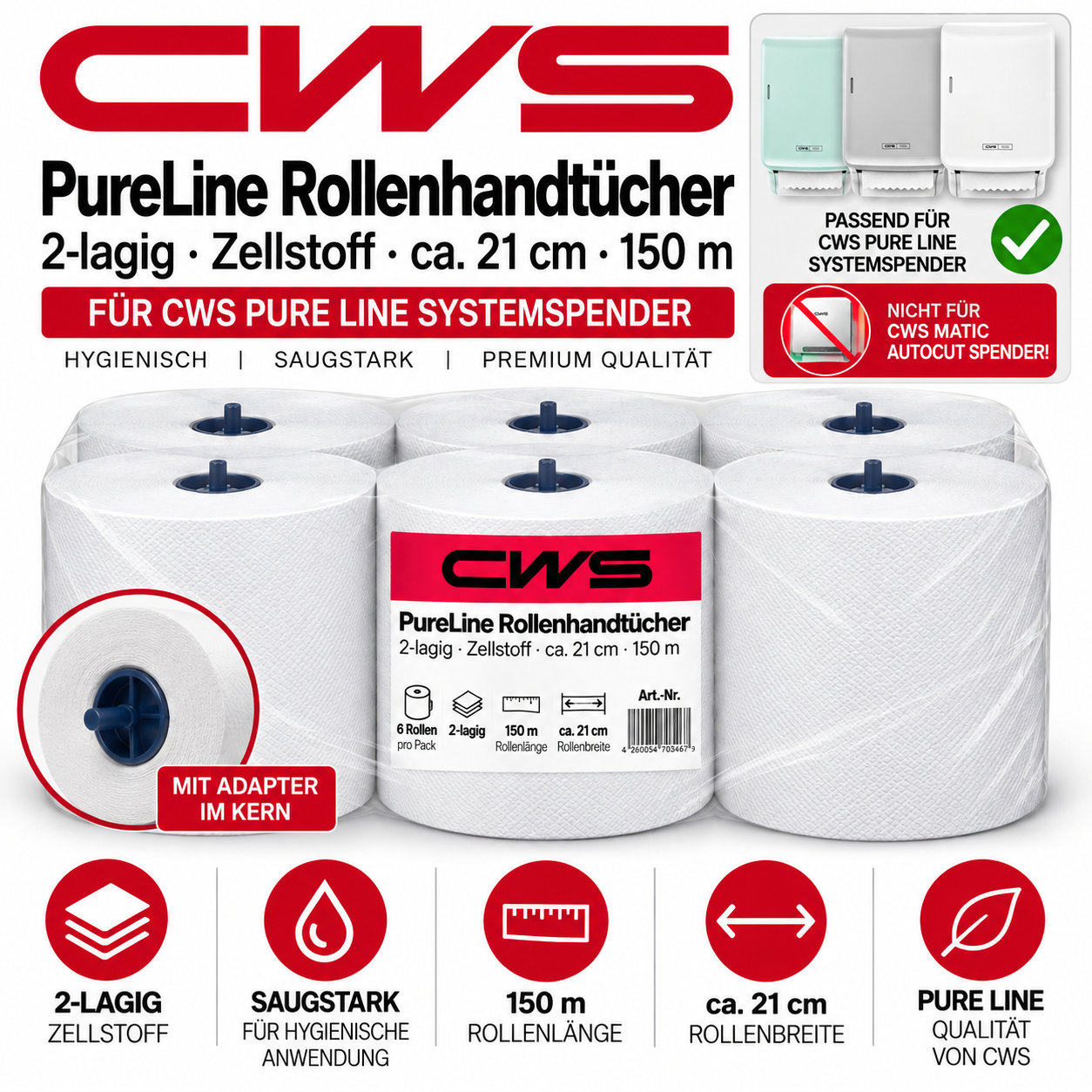 CWS PureLine Paperroll Systemrollen, 2-lagig, 150 m, ca. 600 Portionen – 6 Rollen