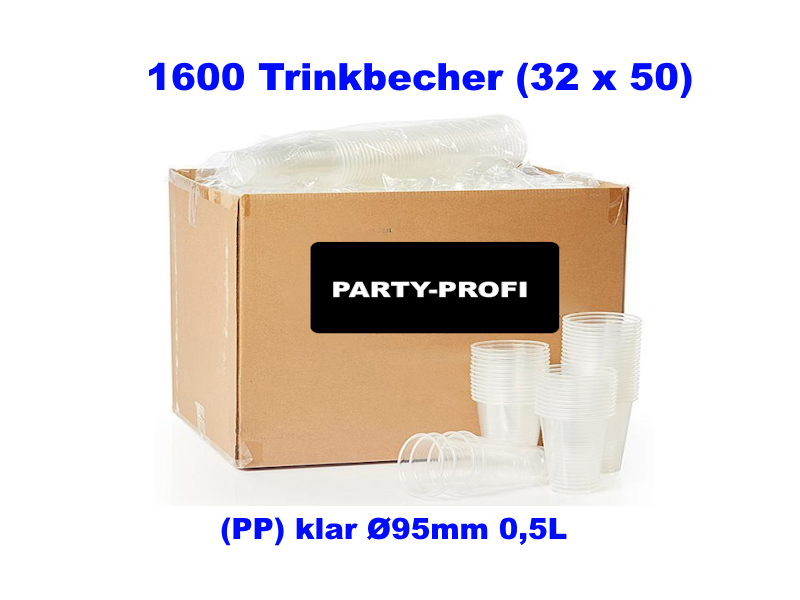1600x Trinkbecher (PP) klar Ø95mm 0,5L - 32x50 Stück