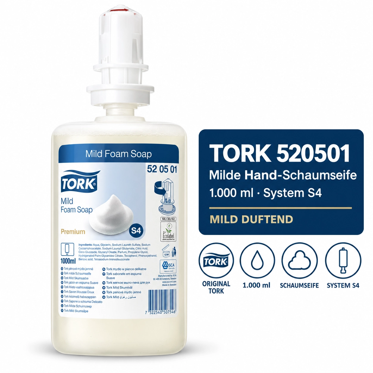 Tork 520501 Hand-Schaumseife S4, mild duftend – 1000 ml Patrone