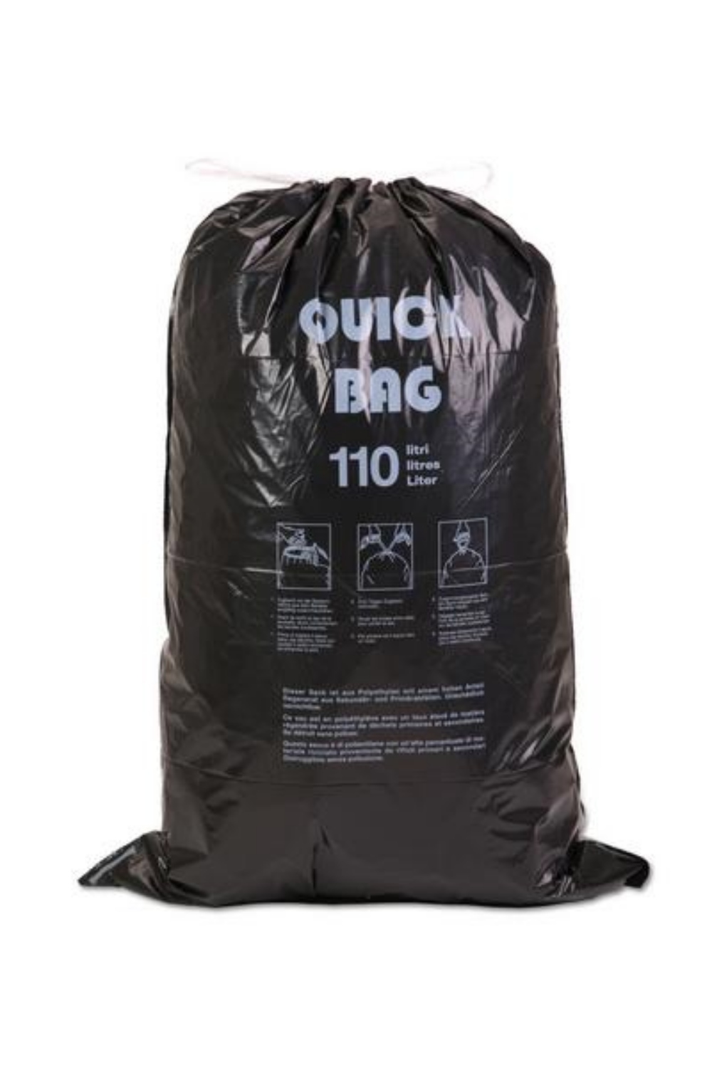 Kehrichtsäcke mit Zugband 110 Liter, LD-PE, schwarz, Recycling, 700 × 1000 mm, 0,035 mm, Rolle à 15 Rollen