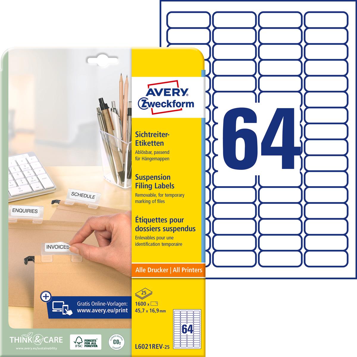 Etiketten 45,7x16,9mm Sichtreiter 1600 Stück AVERY ZW. L6021REV2